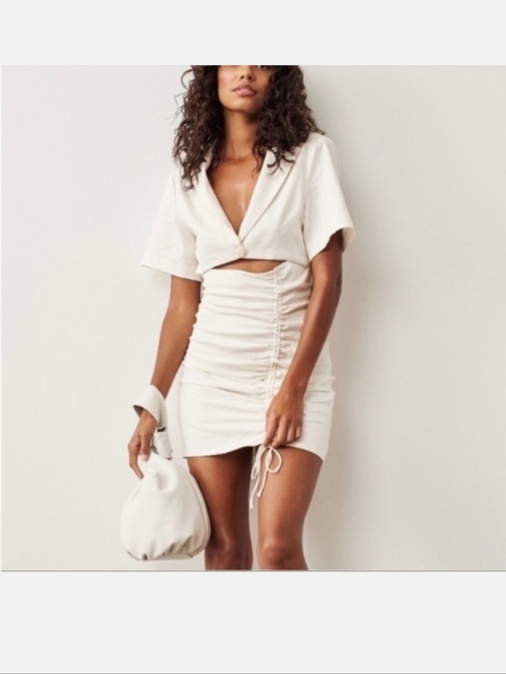Zara Linen Blend Ivory Cream Cut Out Open Back Ruched Mini Shirt Dress Size XS - Picture 3 of 9
